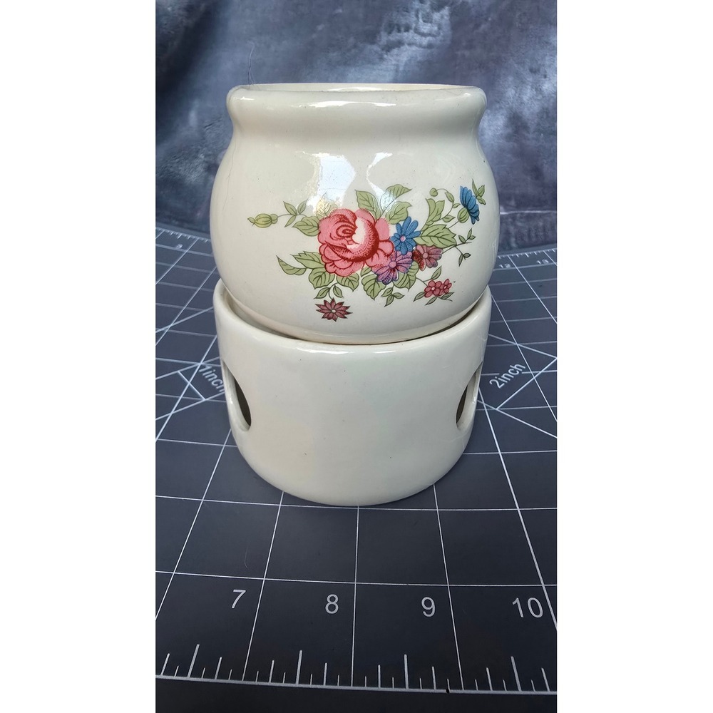 Vintage Ceramic Floral Wax Warmer Potpourri Burner Pink Rose Cream 2 Piece Set